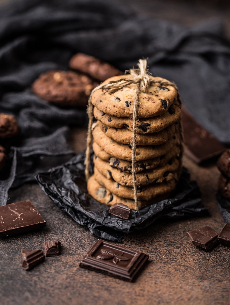 Chocolate chip cookies on wooden table. Homemade cookies dessert.